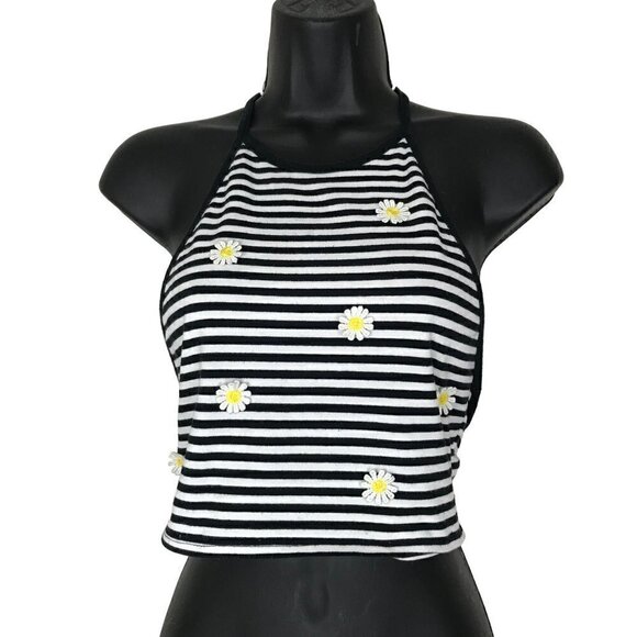 ALMOST Famous Black & White Stripped With Daisies Halter Top  Size S - Picture 1 of 6
